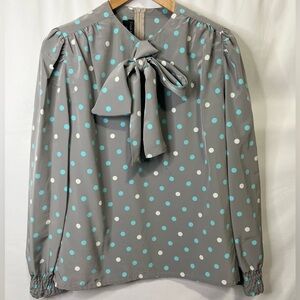 Louis Féraud Women’s Gray & White Polka Dot Blouse with Bow (adjustable) Size 6